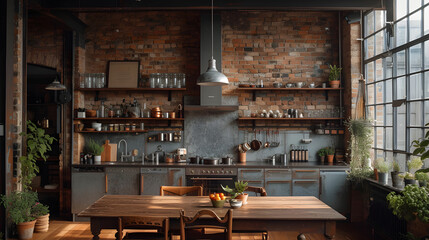Industrial Kitchen, Exposed Brick Wall
