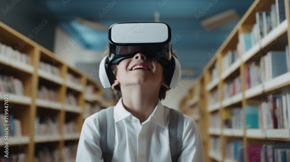 Poster a boy is seen wearing a virtual reality headset in a library. this image can be used to illustrate t