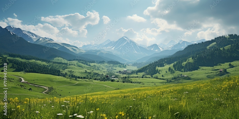 Poster a scenic view of a valley with majestic mountains in the background. perfect for nature enthusiasts 