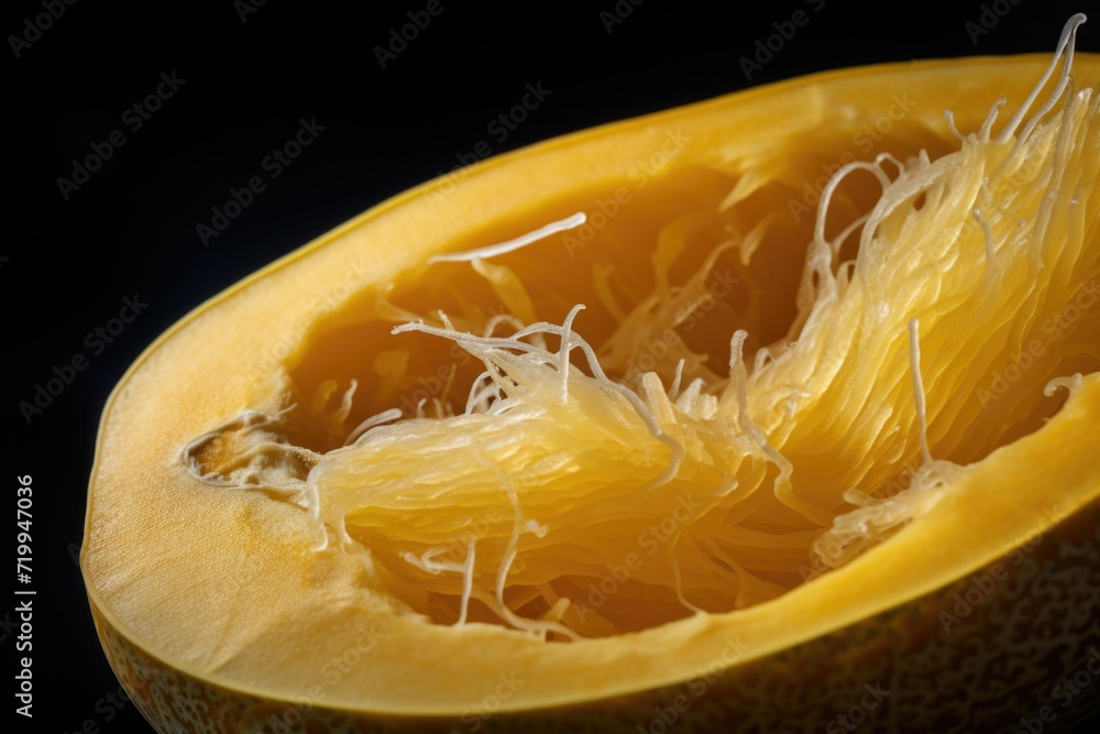 Poster A close-up view of the inside of a melon with the seeds removed. This image can be used to showcase the fresh and juicy interior of a melon in various culinary or health-related contexts