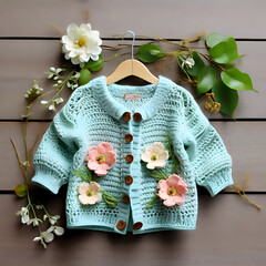 baby blouse cardigan crochet, cyan color, mock up, model, fashion