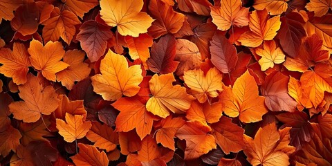 Naklejka na ściany i meble Vibrant autumnal display orange and yellow leaves creating seasonal tapestry. Fall beauty captured in intricate patterns of maple foliage against bright backdrop. Nature final flourish before winter