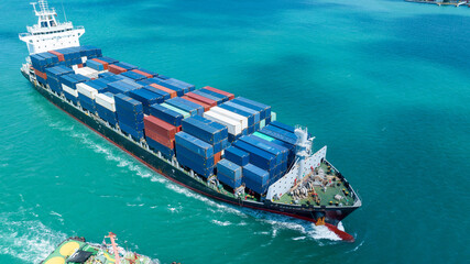 Cargo Container Ship top view. container ship running in the ocean import export shipping industry...