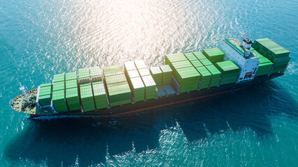 Green Cargo Container Ship, Cargo Container only green color. container ship running in the ocean...