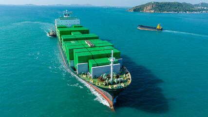 Green Cargo Container Ship, Cargo Container only green color. container ship running in the ocean...