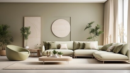 Modern Living Room with Elegant Green Sofa, Artistic Wall Art, and Indoor Plants in a Well-Lit Spacious Interior