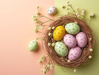 Easter pastel eggs, hand painted, in a nest on a pastel pink green background with space for text, top view. Promotional spring banner. Easter background for the site.