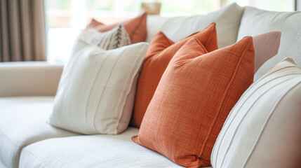 Fototapeta na wymiar Close up of fabric sofa with white and terra cotta. Generative AI