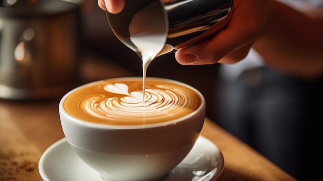 a barista pouring steamed milk into a cup of coffee