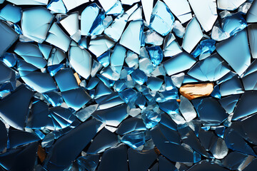 Broken glass blue. Abstract background with shiny pieces of broken transparent glass on dark surface as concept of fake crystals and gems. Realistic clipart template pattern.	