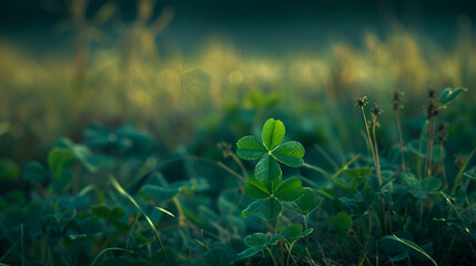Fototapeta na wymiar shamrocks on a green background, St Patricks Day, green background with clover leaves and bokeh. Festive background, Four leaf clover isolated on green background, Generative AI 