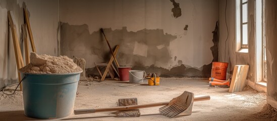 trowel, and plastering equipment in bucket, copy space view