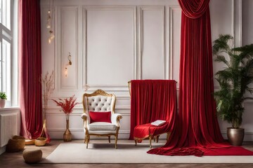 interior of a room with a sofa red curtains