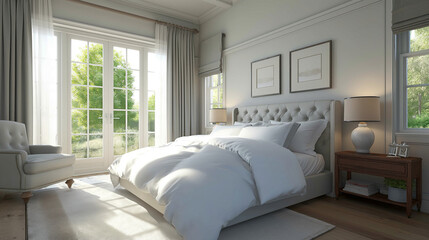 Farmhouse interior design of modern bedroom. Generative AI