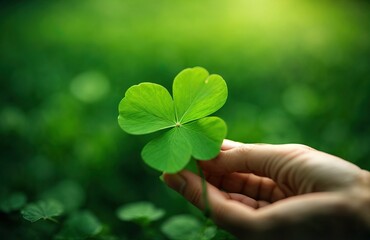 Hand holding green clover leaf on nature background, St. Patrick's Day
