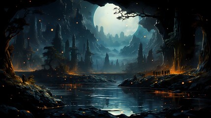 A hidden obsidian black lake tucked away in a deep cave, with the night sky visible through the opening, showcasing a vibrant celestial panorama