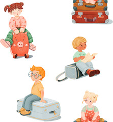 Seamless pattern of smiling girl in jeans and Asian kid, a little blonde tourist, calm, dreaming red-haired boy with glasses is sitting on the grey Suitcase, a teenager with a side view. Old baggage