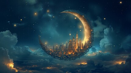 Obraz na płótnie Canvas ramadan crescent shaped moon and night cloudy and starry sky
