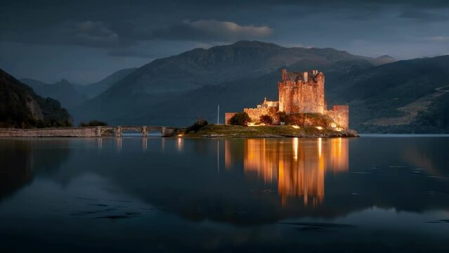 Twilight Serenity at a Eilean Donan Castle, Scottish Castle on a Reflective Loch, Timelapse
