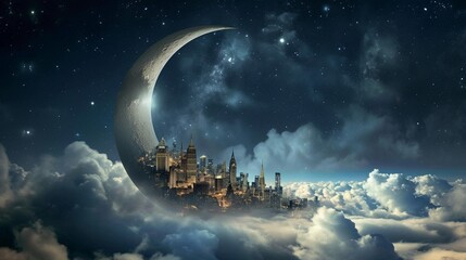 ramadan crescent shaped moon and night cloudy and starry sky