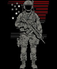 Obraz premium Illustration of military man with guns and American flag in the background