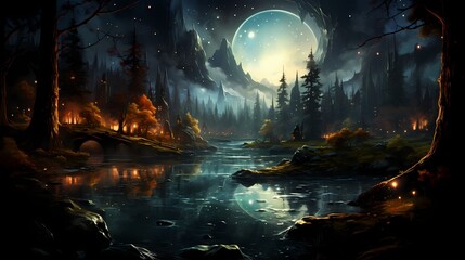 A hidden obsidian black lake nestled deep within a forest, its surface adorned with the shimmering beauty of the night sky
