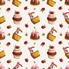 Cupcakes with cream, berries and meringue. Baking, bakery shop, cooking, sweet products, dessert, pastry concept, catering. Vector seamless pattern design.