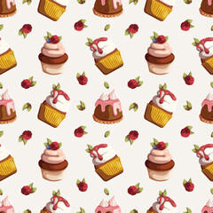 Cupcakes with cream, berries and meringue. Baking, bakery shop, cooking, sweet products, dessert, pastry concept, catering. Vector seamless pattern design.