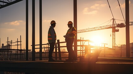 Silhouettes of engineers and construction team working on site. worker with clipping path on building site, construction site at sunset in the evening.
