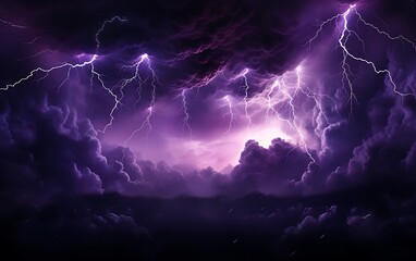 Purple thunderstorm lightning in the night sky.
