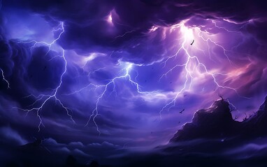 Naklejka premium Purple thunderstorm lightning in the night sky.