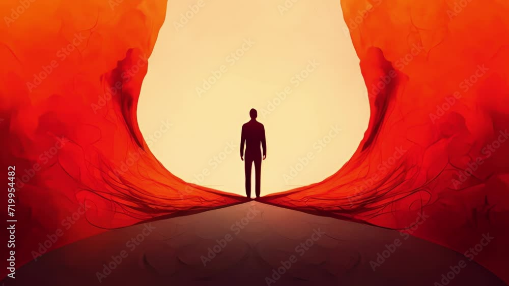 Poster an individual is being pulled in two opposing directions by two different paths symbolising the inte