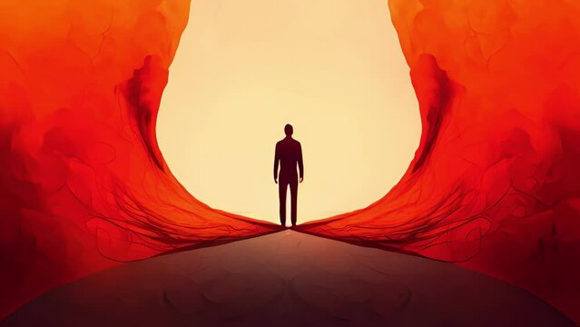An individual is being pulled in two opposing directions by two different paths symbolising the internal conflict Psychology art concept. .