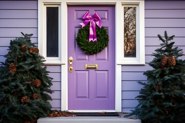 Fototapeta na wymiar Pink door decorated with tree and bow on the background of purple wall.
