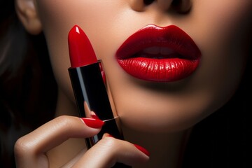 Obraz premium close up shot of a woman's lips wearing red bright lipstick , holding a lipstick 
