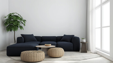 Two knitted poufs near dark blue corner sofa. Generative AI