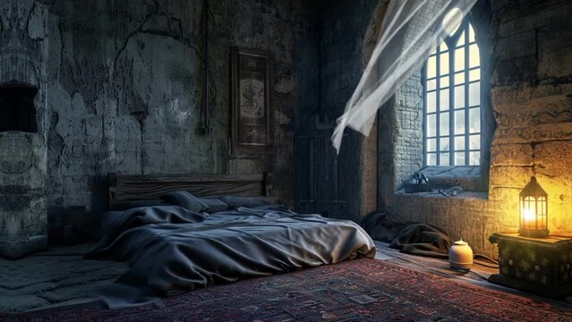 view of a room a poor muslims in 980 years ago with lantern, seamless looping 4k time lapse, animation video background