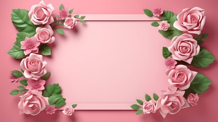 Pink rose frame on pink background with space for text.