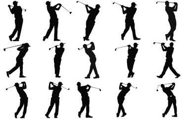 Golf player silhouettes vector illustration set,Golf player silhouettes, Golf player playing silhouette
