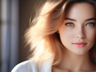 Fototapeta premium A woman with brown eyes and brown hair that is shoulder length. She is wearing a grey top and has a slight smile on her face.