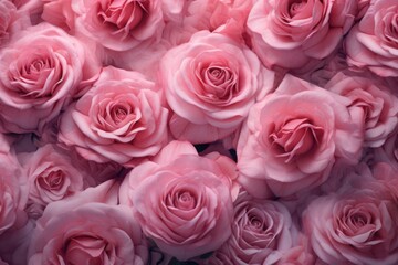 Pink rose blossoms from above on light surface.