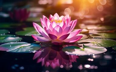 Beautiful pink waterlily or lotus flower in the pond.
