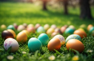 Easter eggs on a green meadow