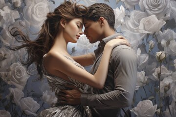Naklejka premium Elegant couple kisses behind roses on gray background.