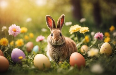 Fototapeta na wymiar Easter bunny in meadow with easter egg flower decoration