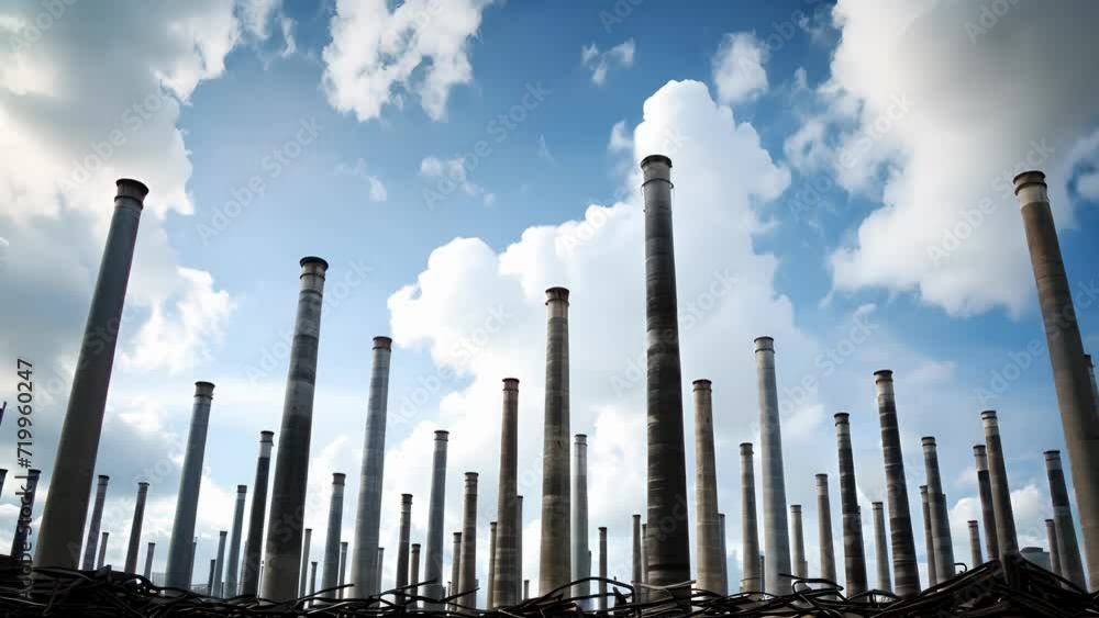 Poster rows of smokestacks stretch up towards the heavens, their dark columns creating a striking contrast 
