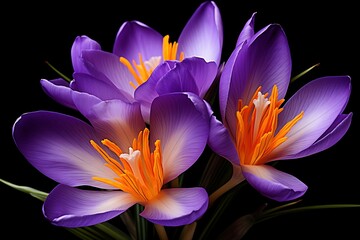 Purple crocus flowers isolated on black background.