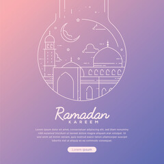 Obraz premium Ramadan kareem greeting card with line art doodle hand drawn