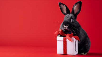One black rabbit sits with white paper gift box isolated red background, copy space, generative ai