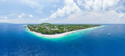 Panoramic Drone photo of Indonesian island, Gili Trawangan and its beautiful crystal clear waters...